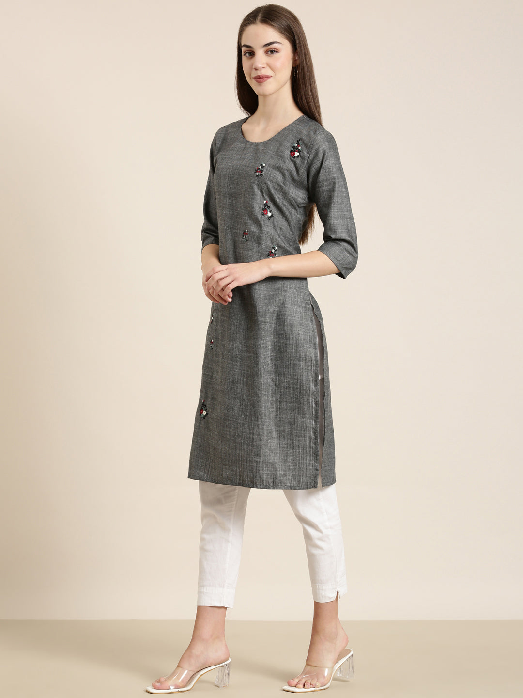 Women Grey Solid Straight Kurta