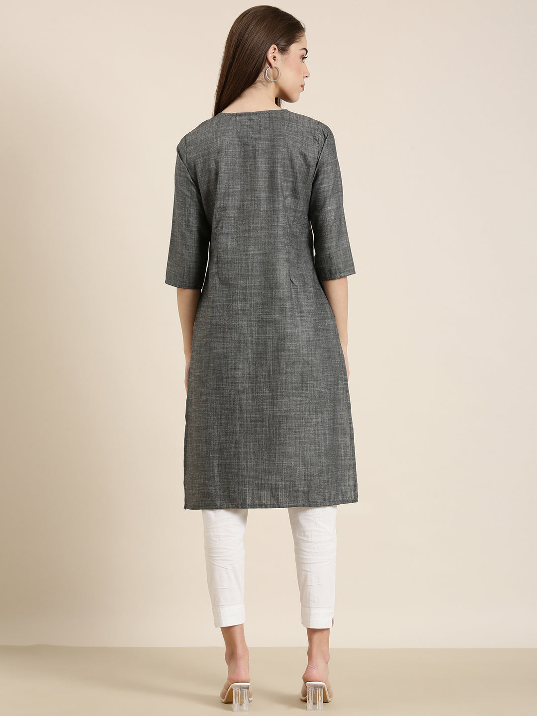 Women Grey Solid Straight Kurta