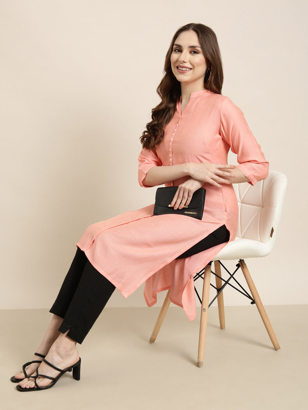 Women Straight Peach Solid Kurta