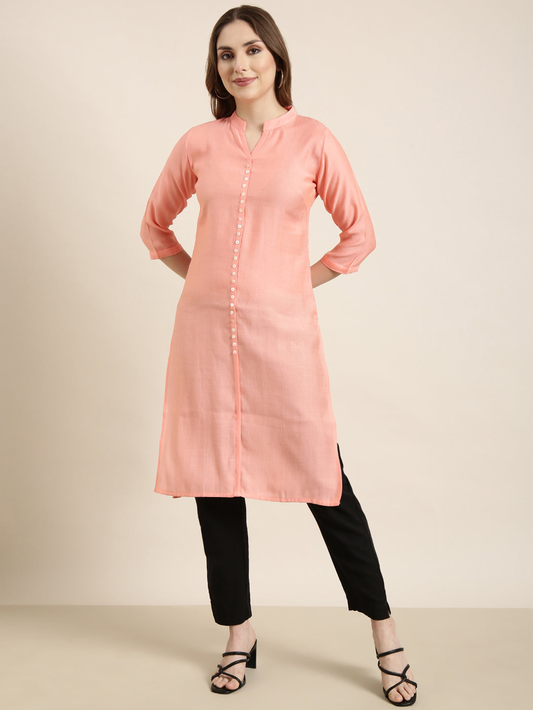 Women Straight Peach Solid Kurta