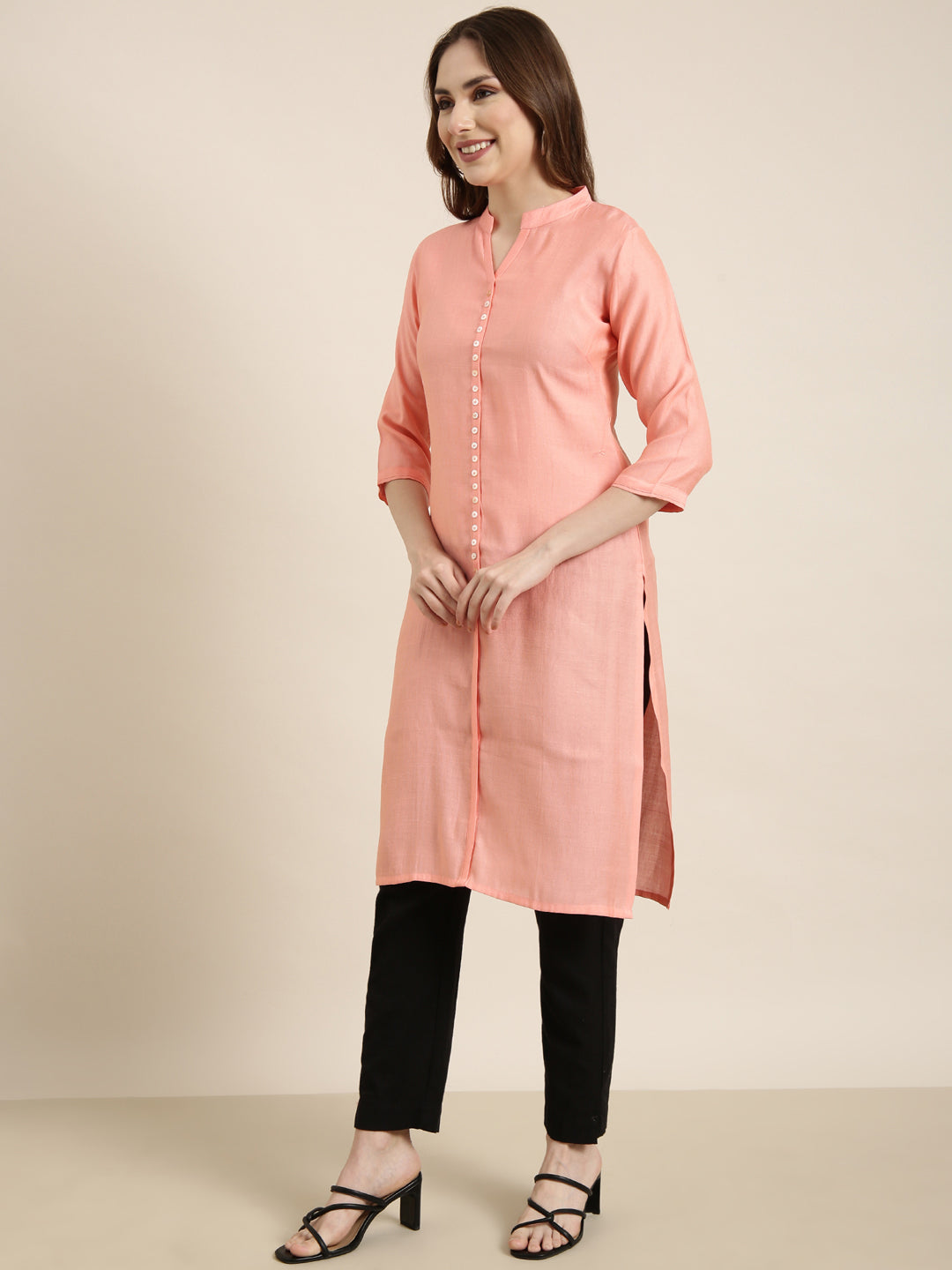 Women Straight Peach Solid Kurta