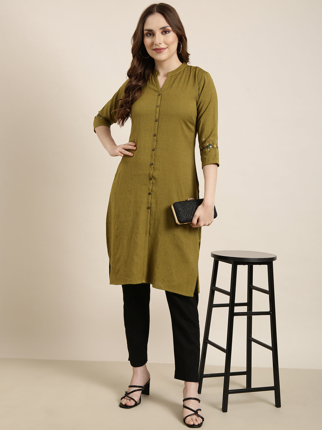 Women Straight Olive Solid Kurta