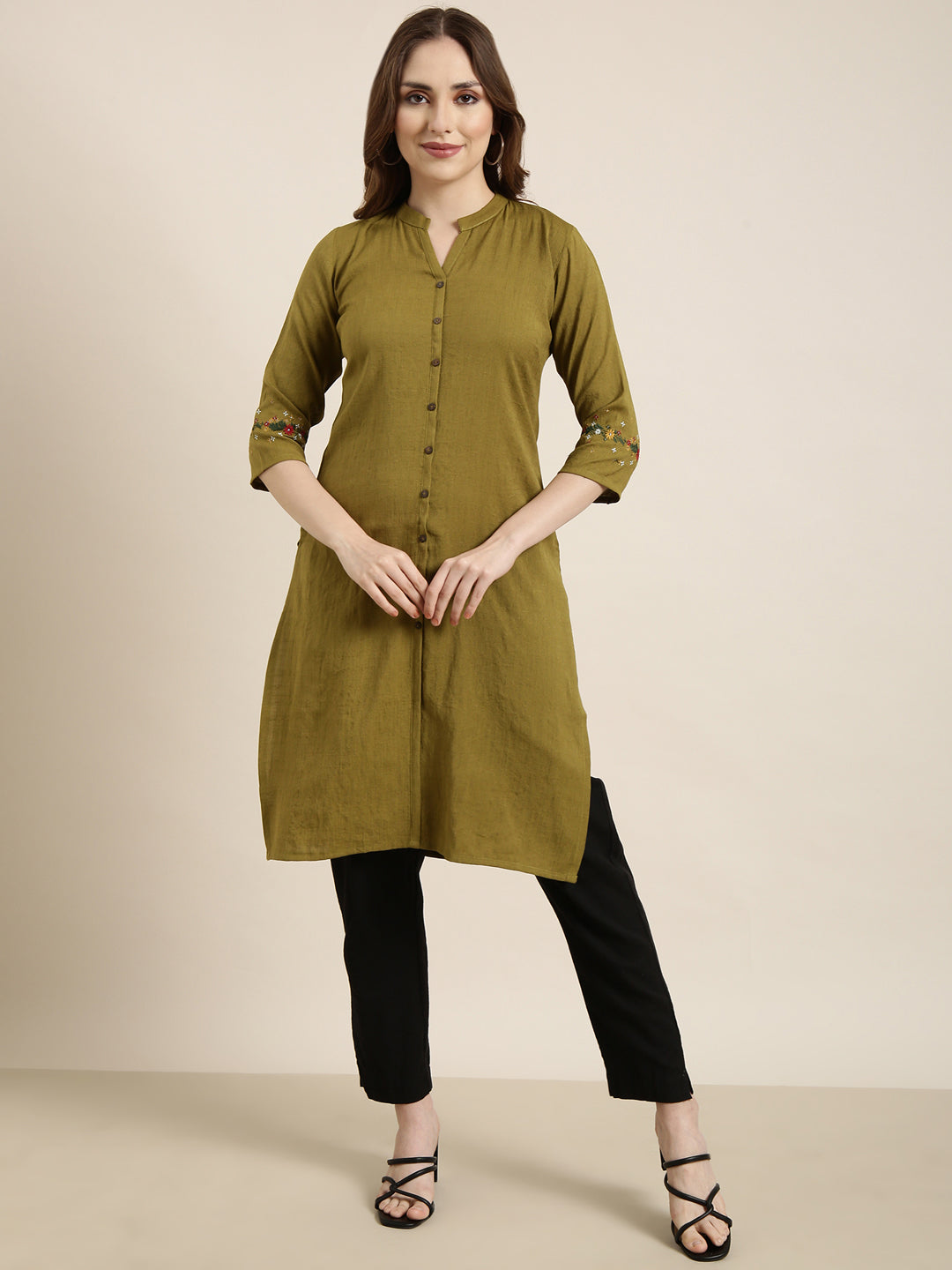 Women Straight Olive Solid Kurta