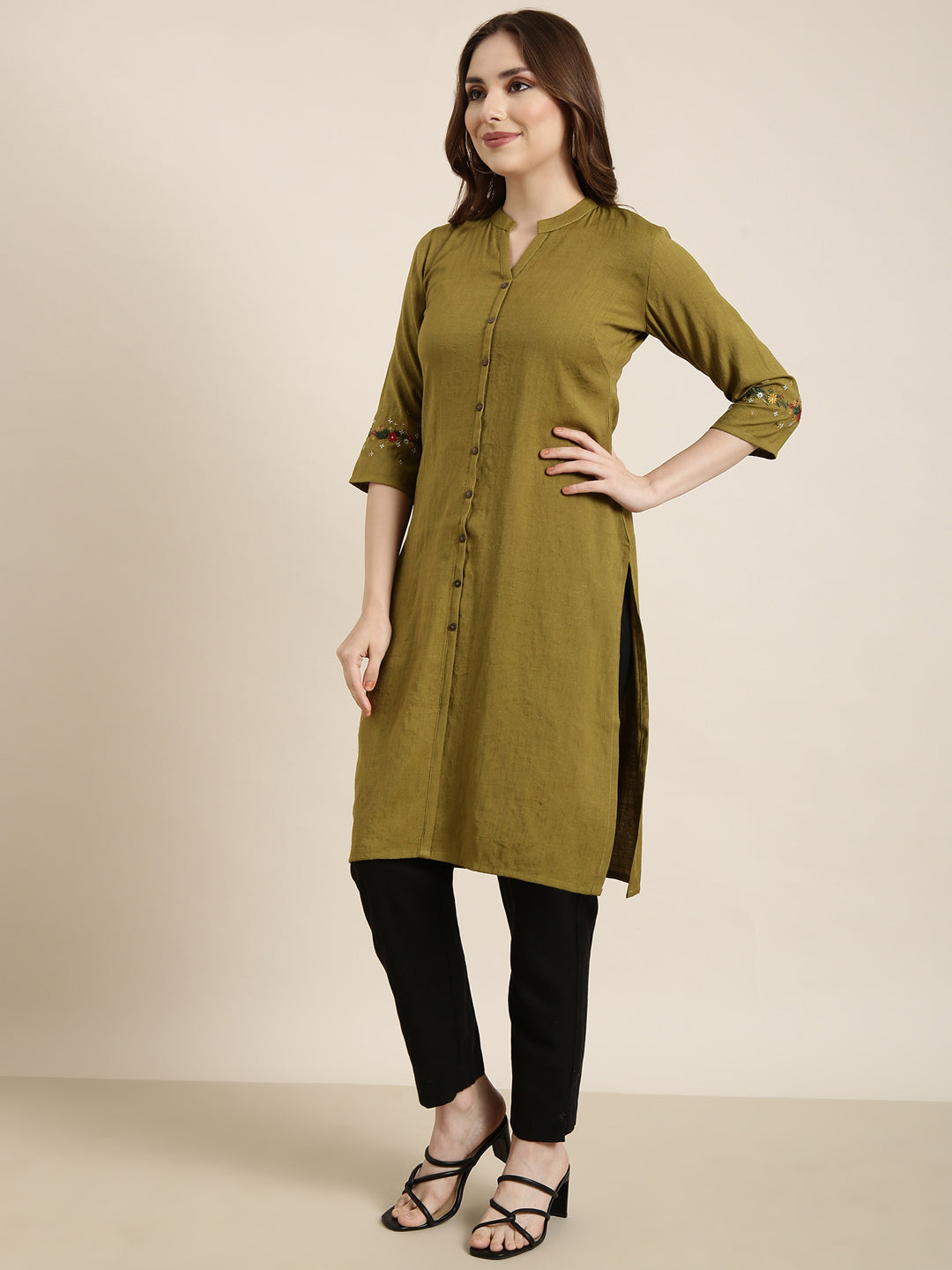 Women Straight Olive Solid Kurta