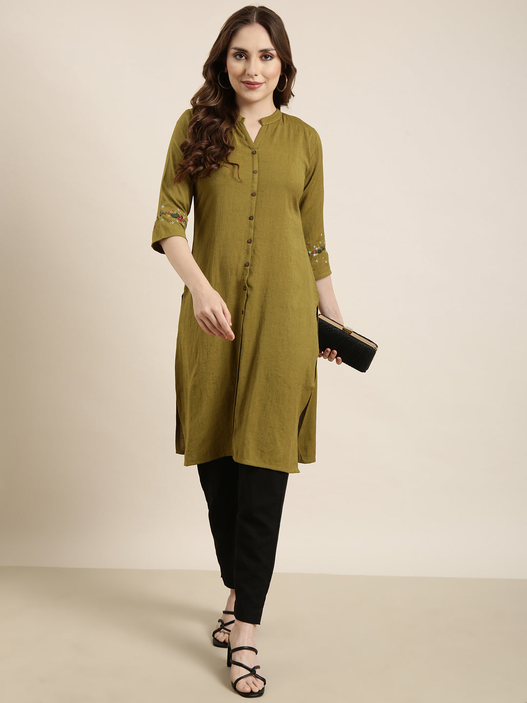 Women Straight Olive Solid Kurta