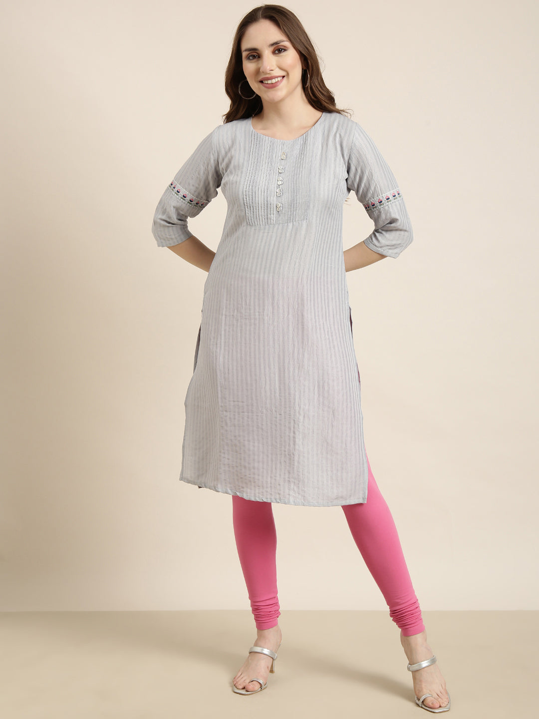 Women Straight Grey Striped Kurta