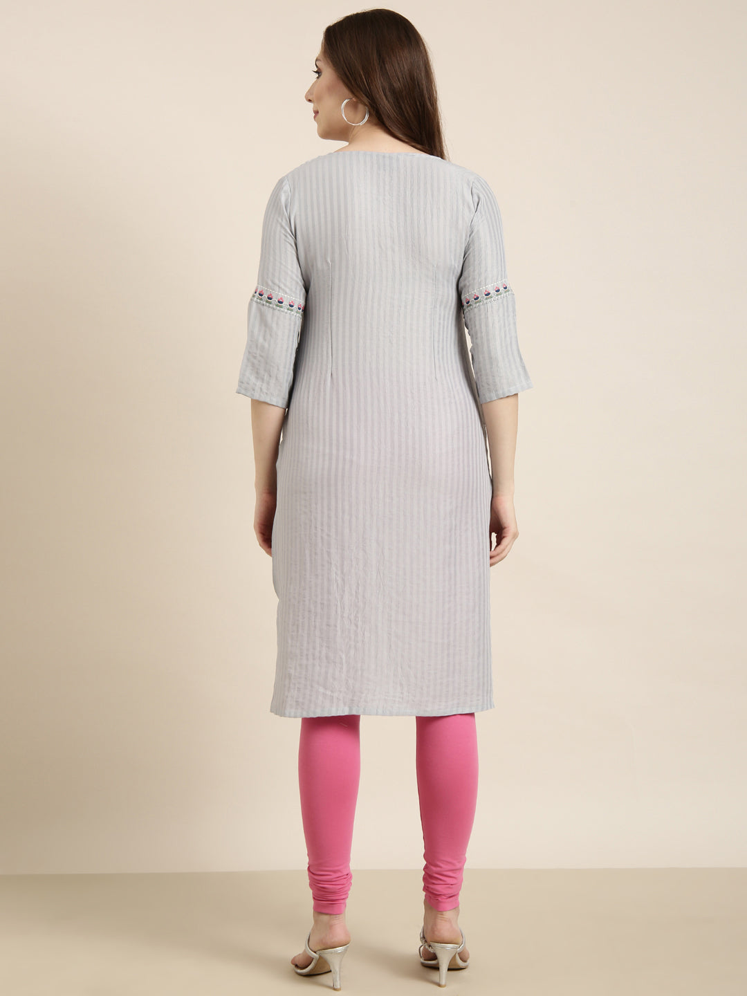 Women Straight Grey Striped Kurta