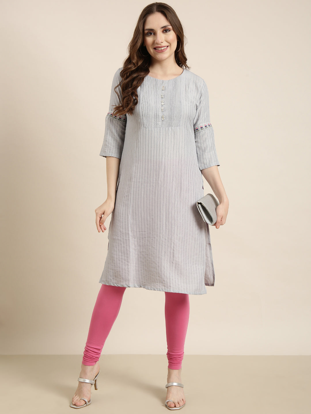 Women Straight Grey Striped Kurta