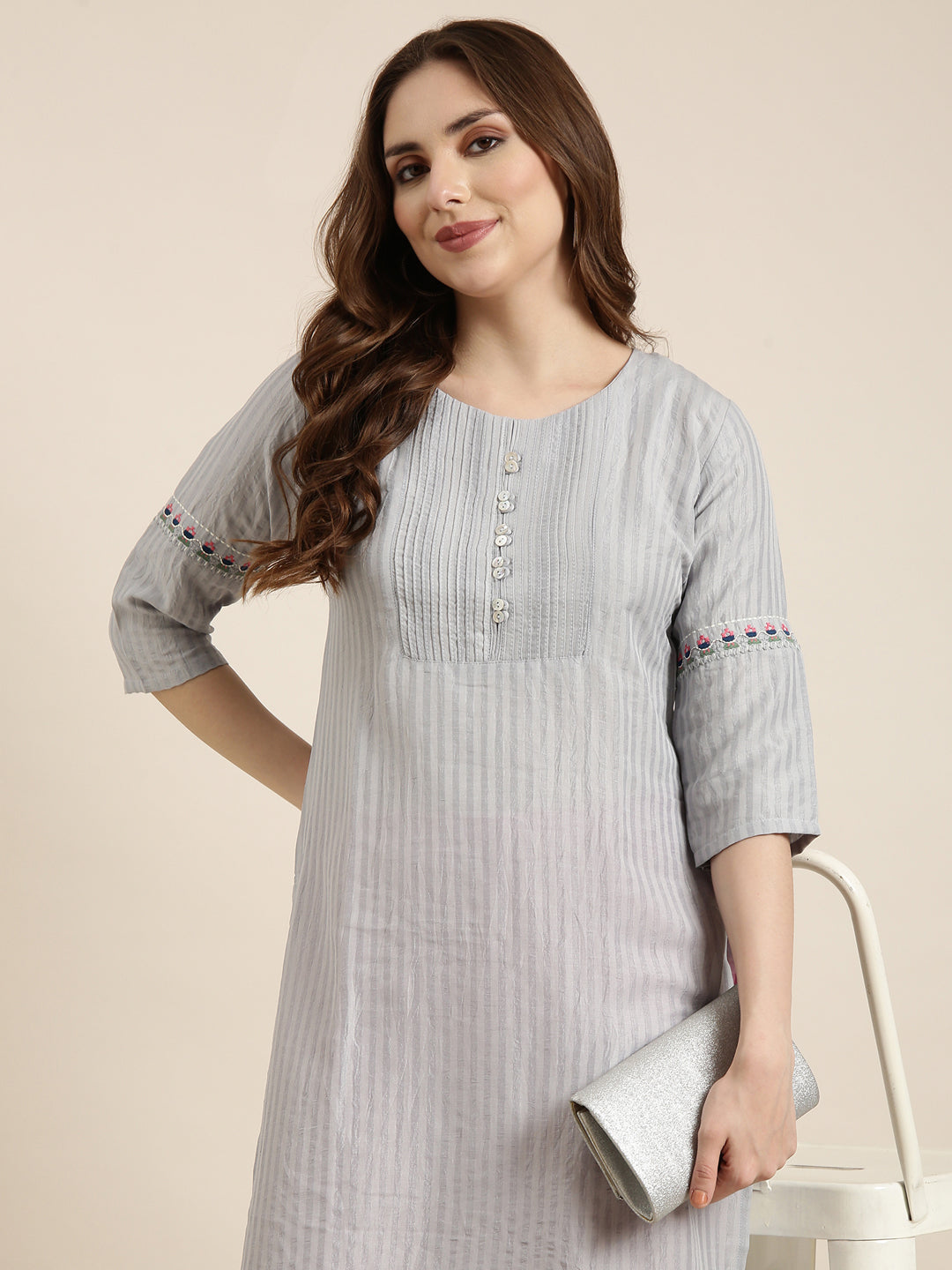 Women Straight Grey Striped Kurta