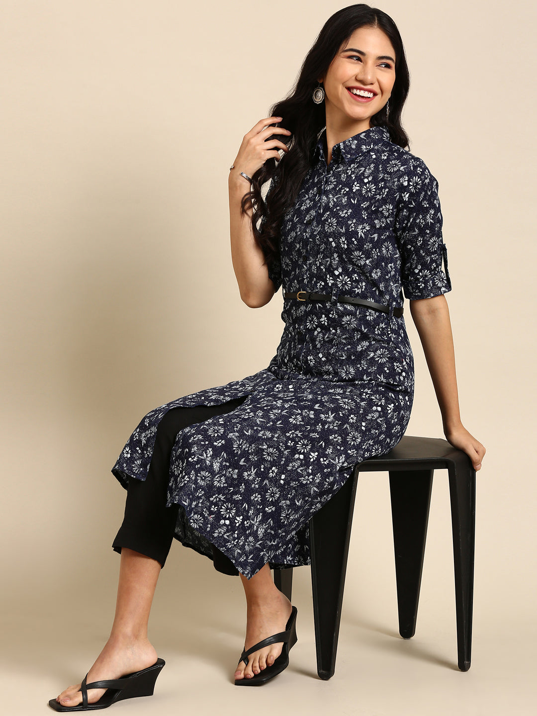 Women's Navy Blue Striped A-Line Kurta