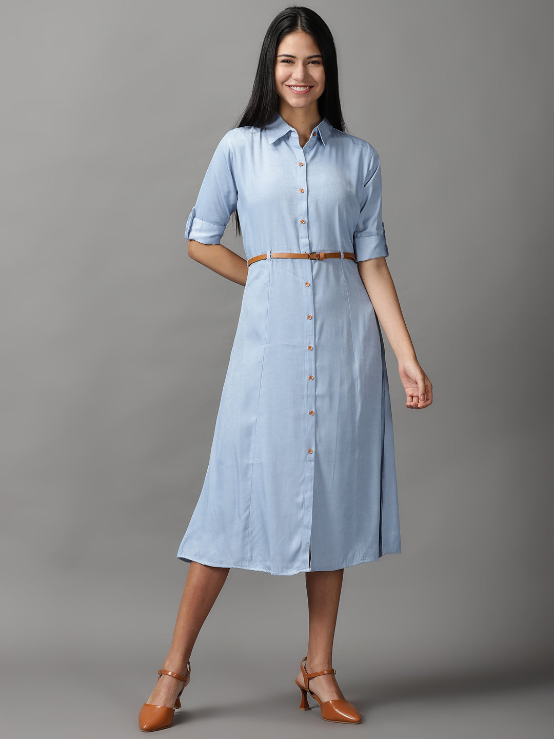 Women's Blue Solid Fit and Flare Dress