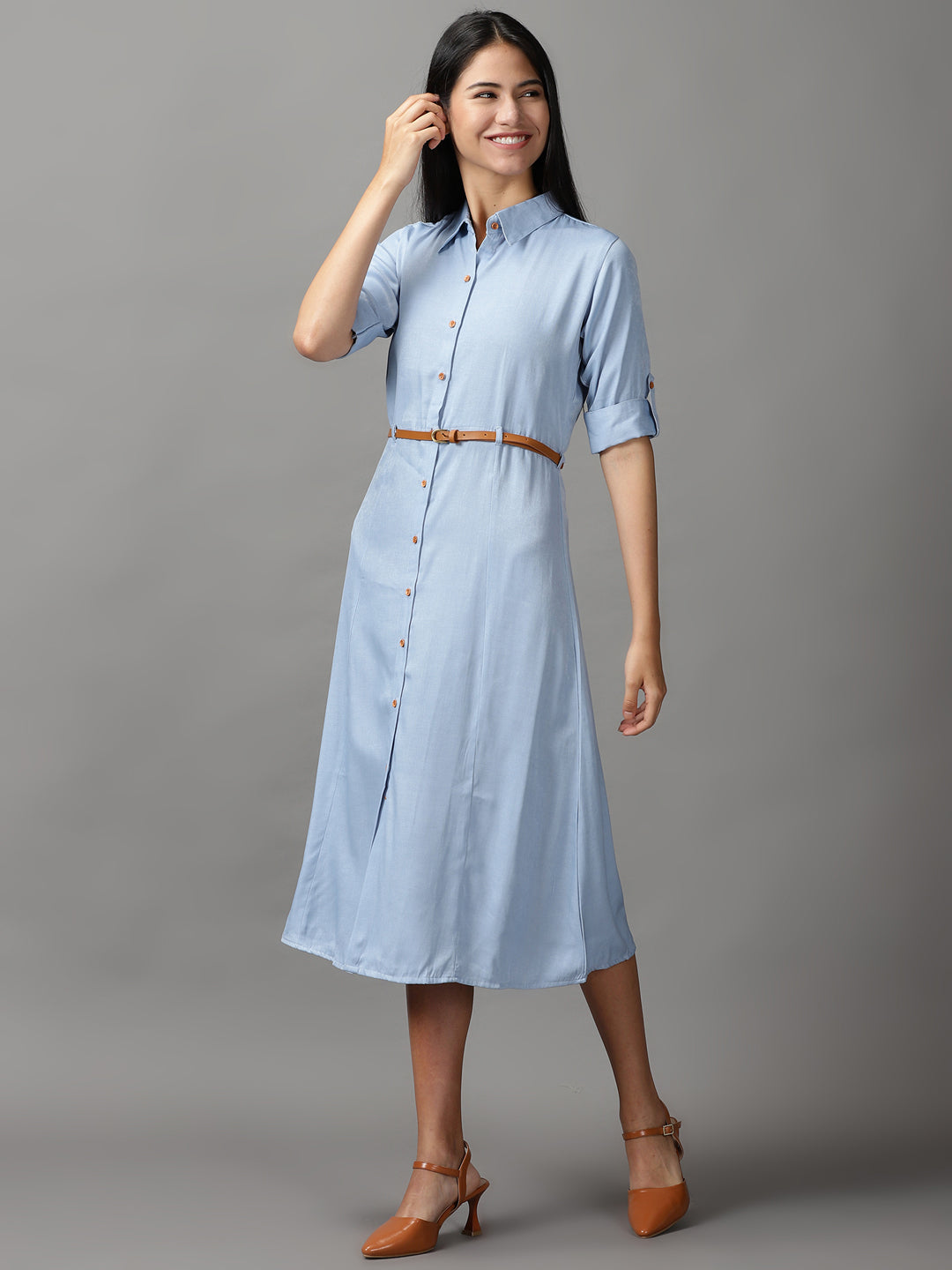 Women's Blue Solid Fit and Flare Dress