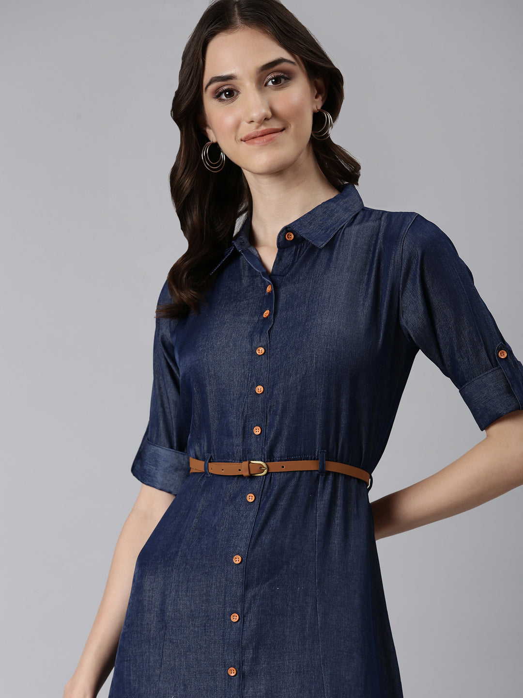Women Navy Blue Solid Shirt Dress