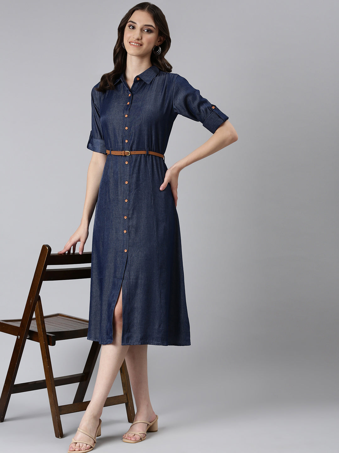 Women Navy Blue Solid Shirt Dress