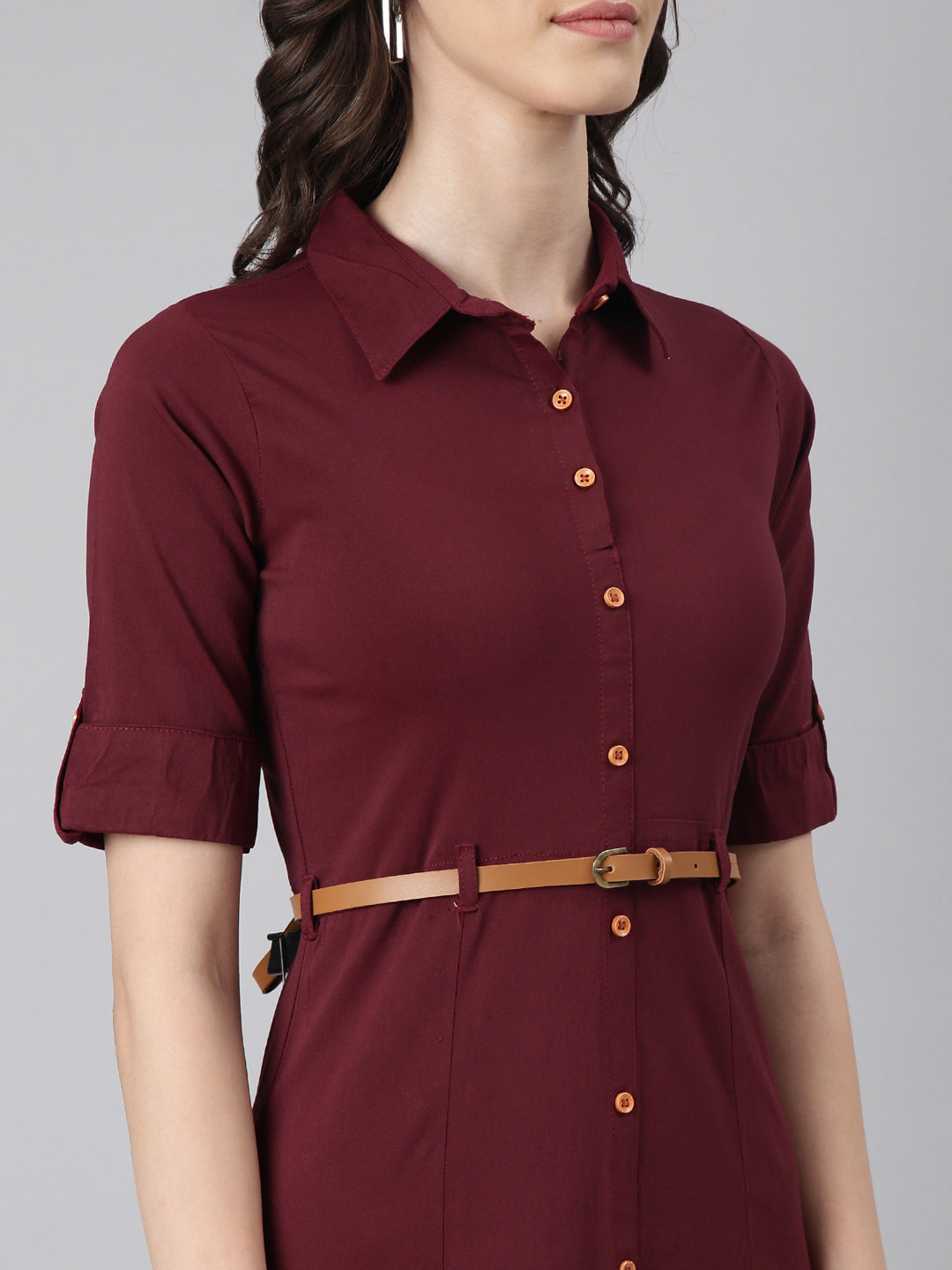 Women Maroon Solid Shirt Dress