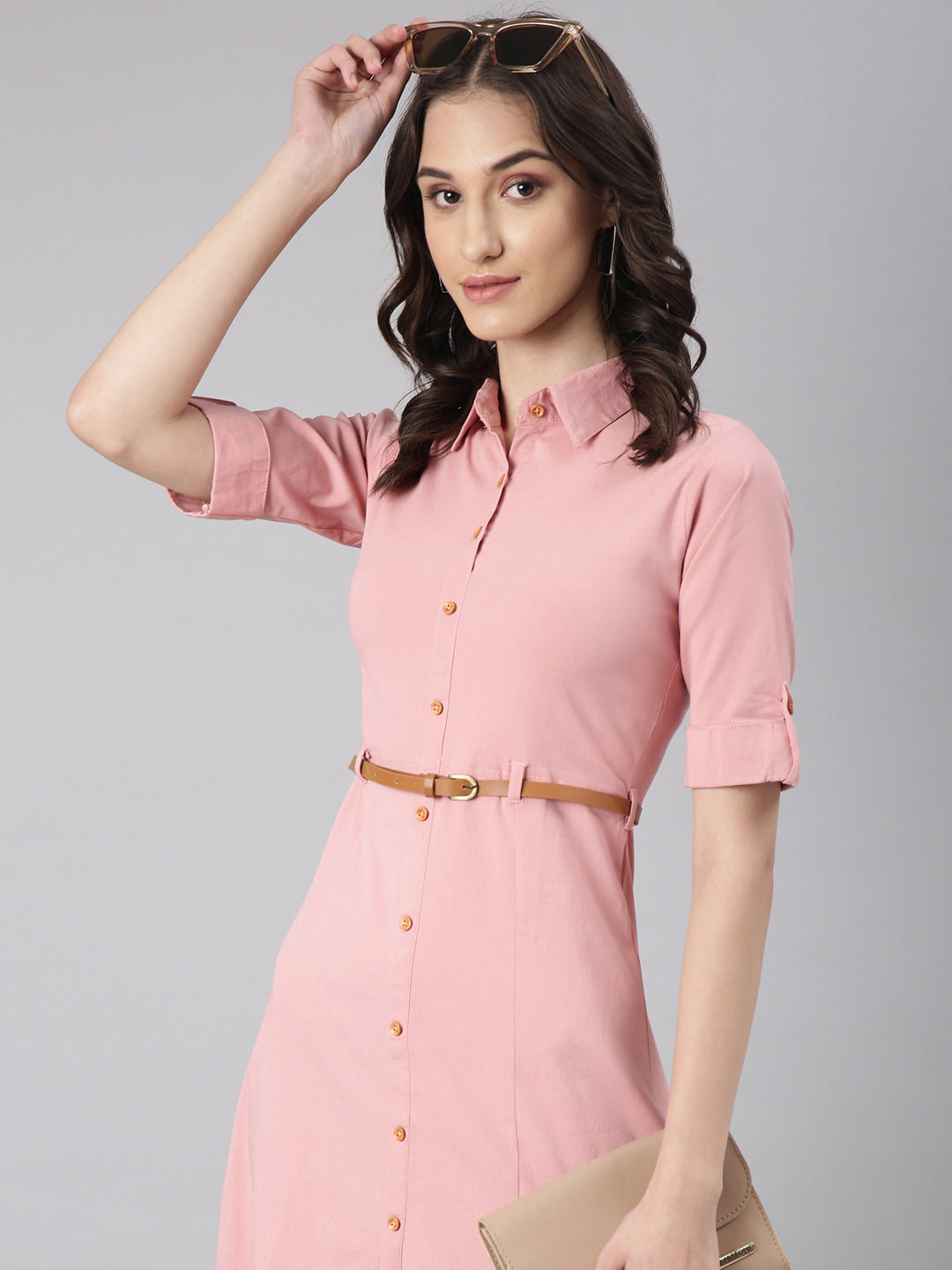 Women Pink Solid Shirt Dress