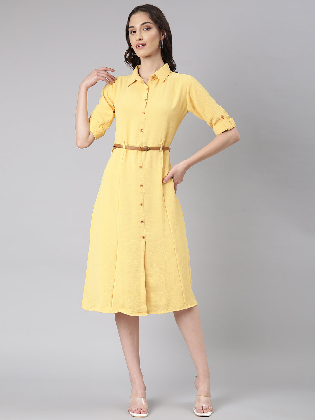 Women Yellow Solid Shirt Dress