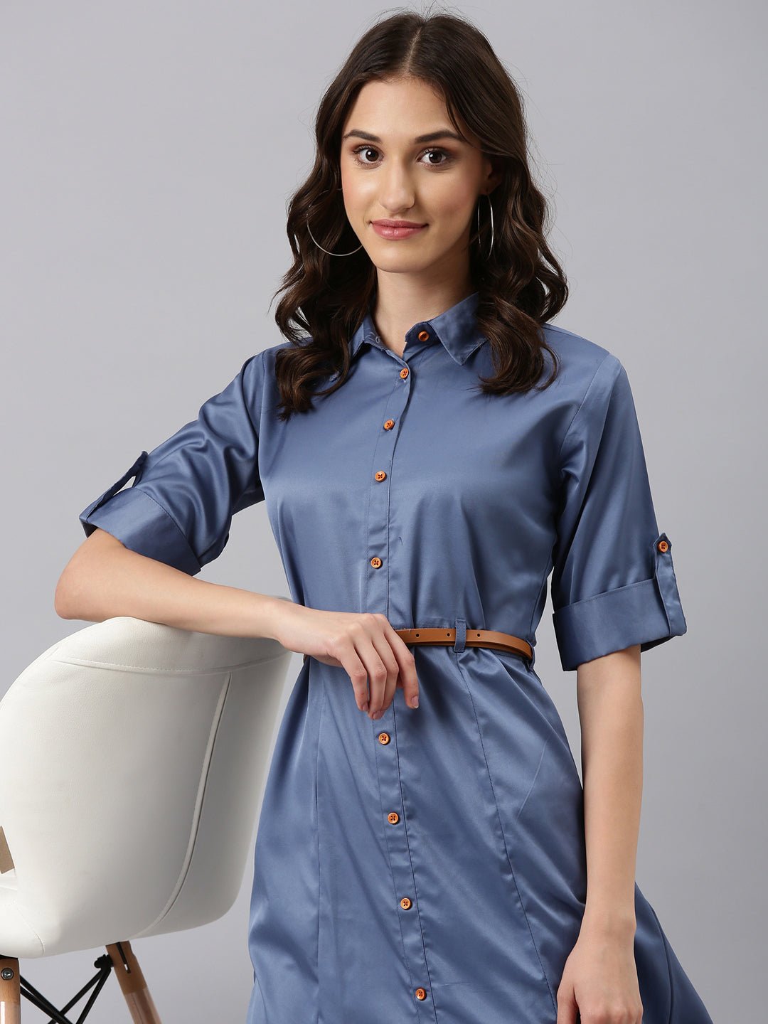 Women Blue Solid Shirt Dress