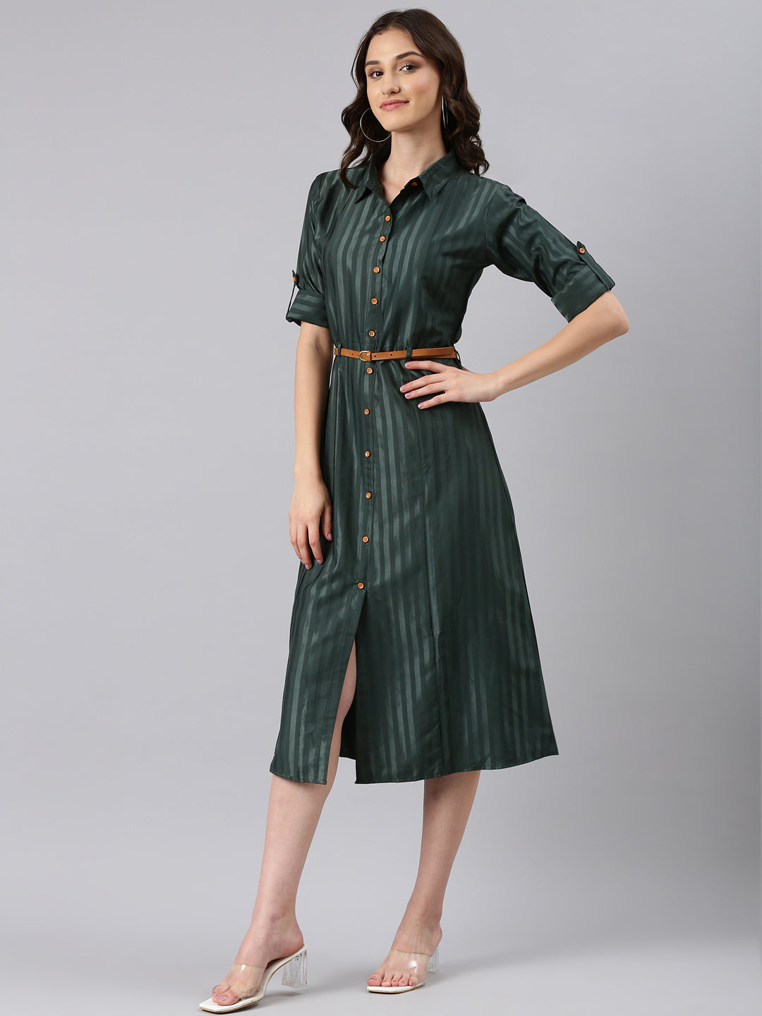 Women Olive Striped Shirt Dress