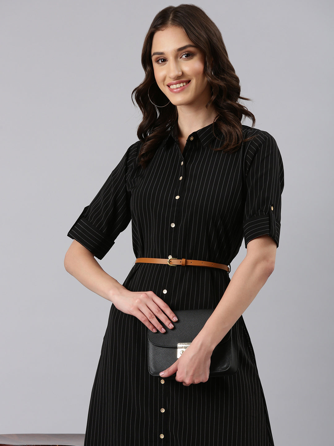 Women Black Striped Shirt Dress