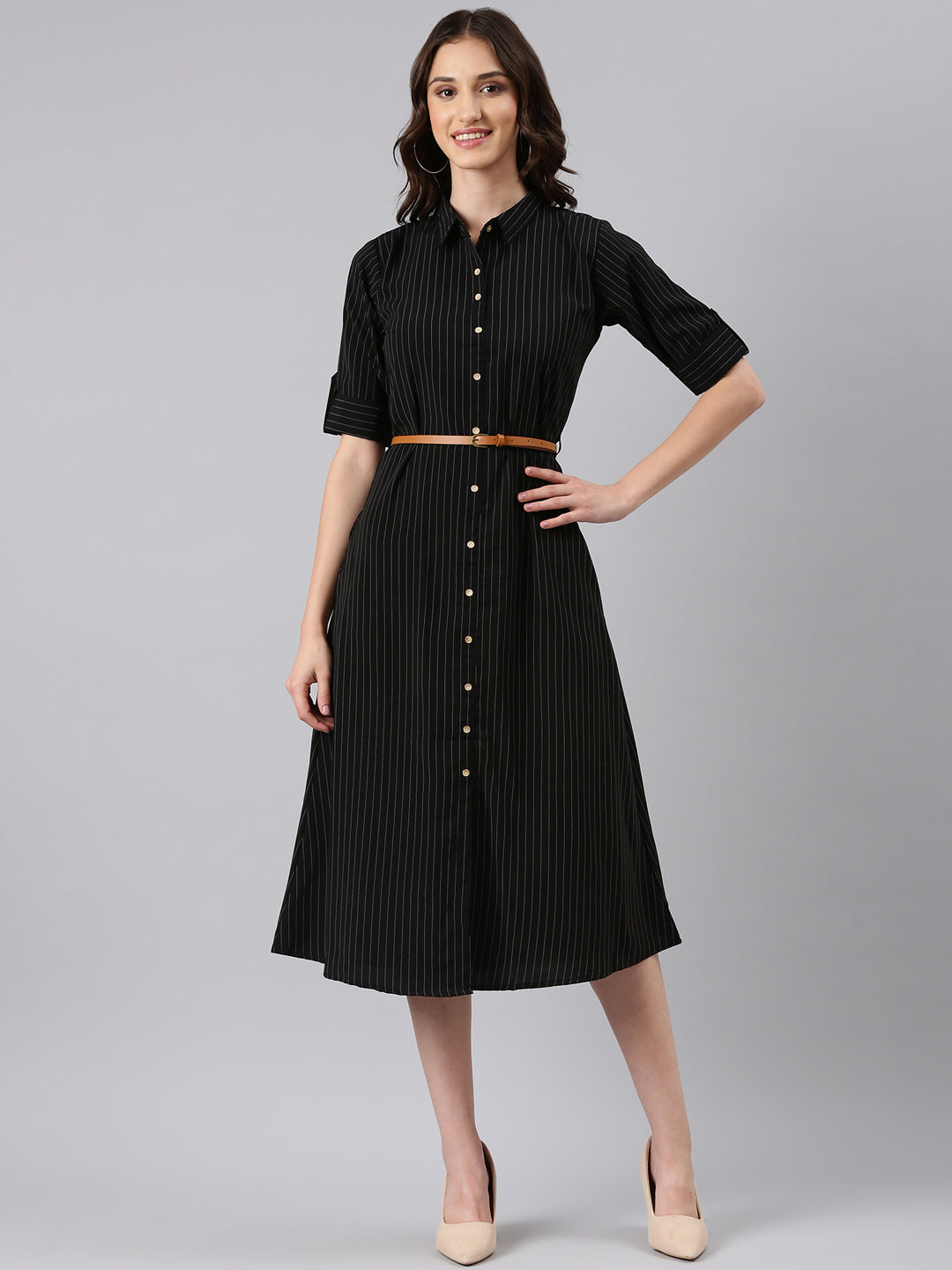 Women Black Striped Shirt Dress