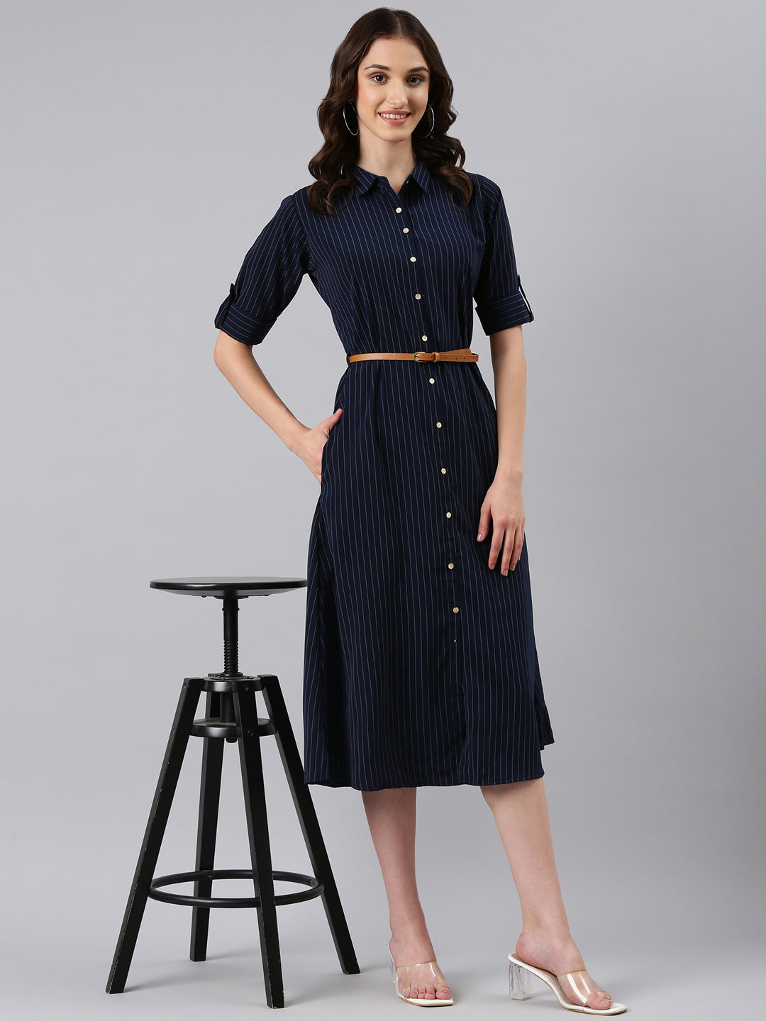 Women Navy Blue Striped Shirt Dress