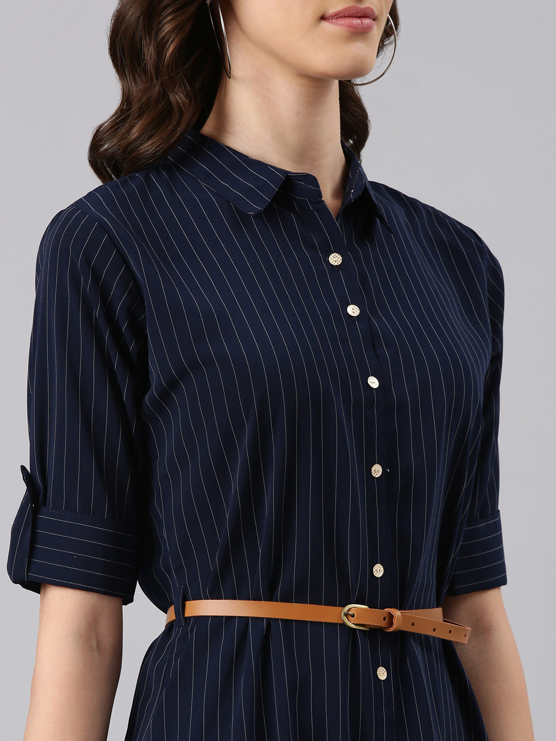 Women Navy Blue Striped Shirt Dress