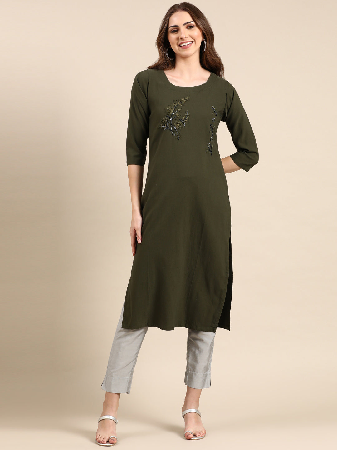 Women's Olive Embroidered Straight Kurta