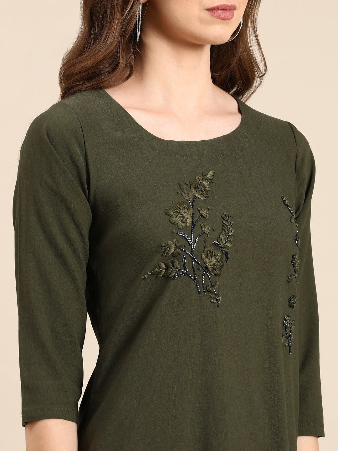 Women's Olive Embroidered Straight Kurta