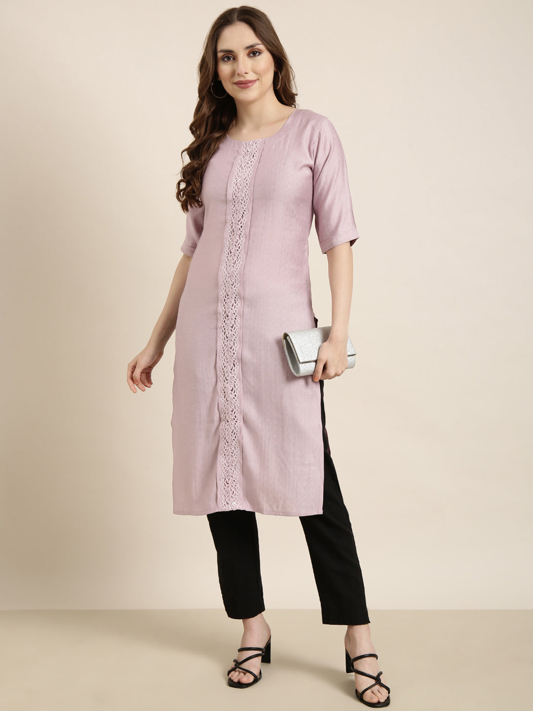 Women Straight Lavender Solid Kurta