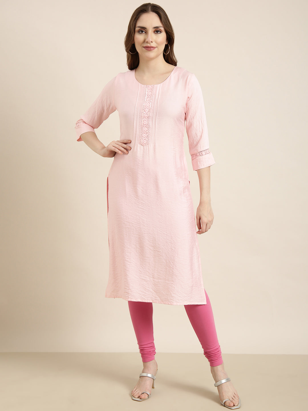 Women Straight Pink Solid Kurta