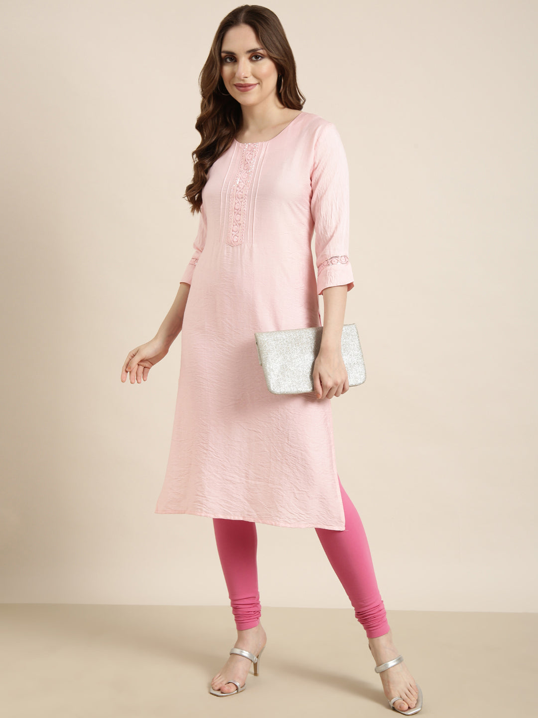 Women Straight Pink Solid Kurta