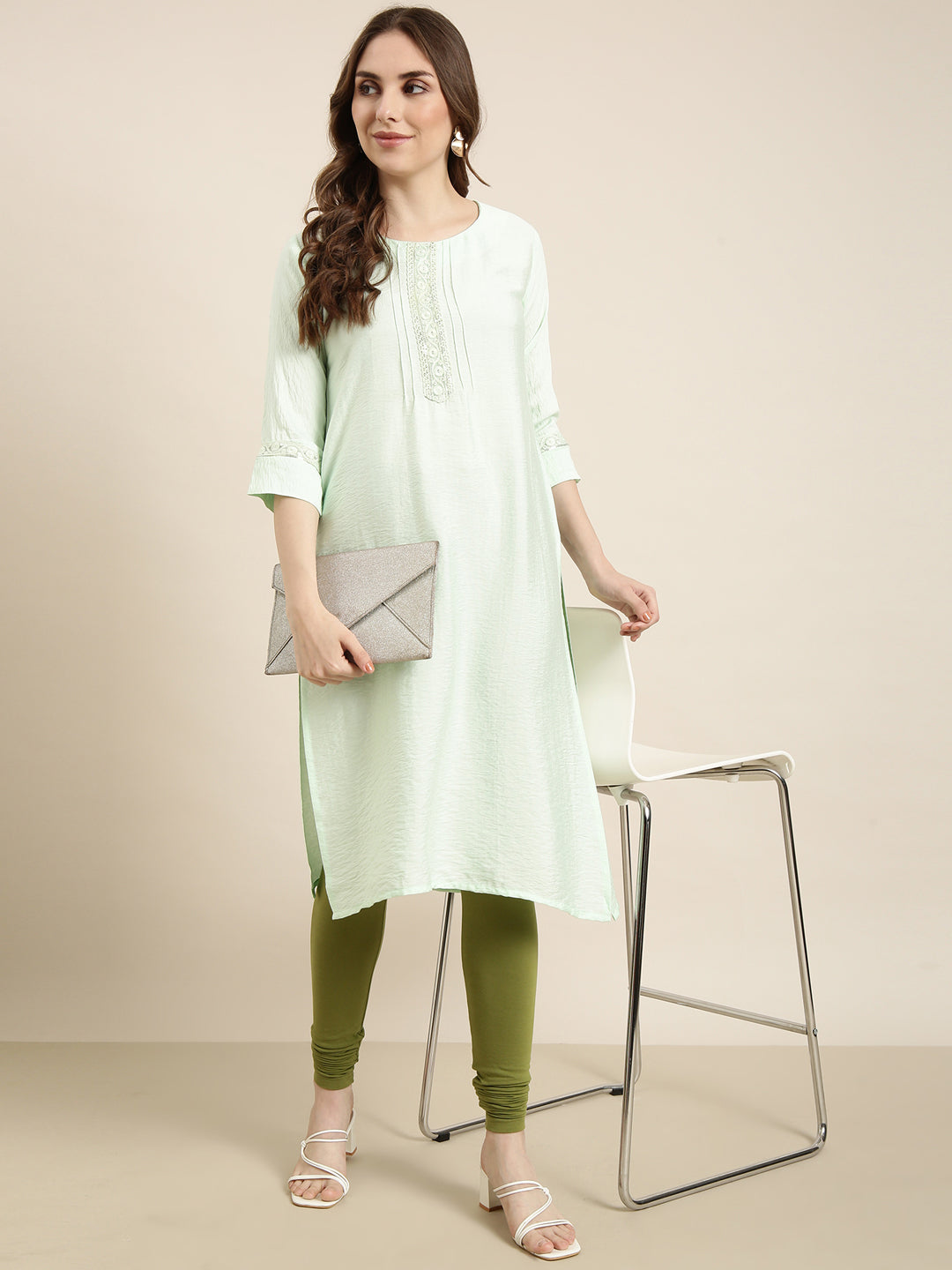 Women Straight Sea Green Solid Kurta