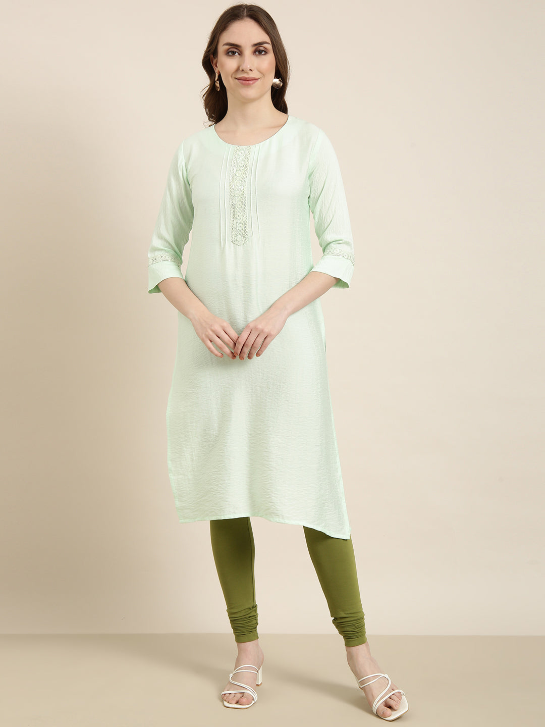 Women Straight Sea Green Solid Kurta