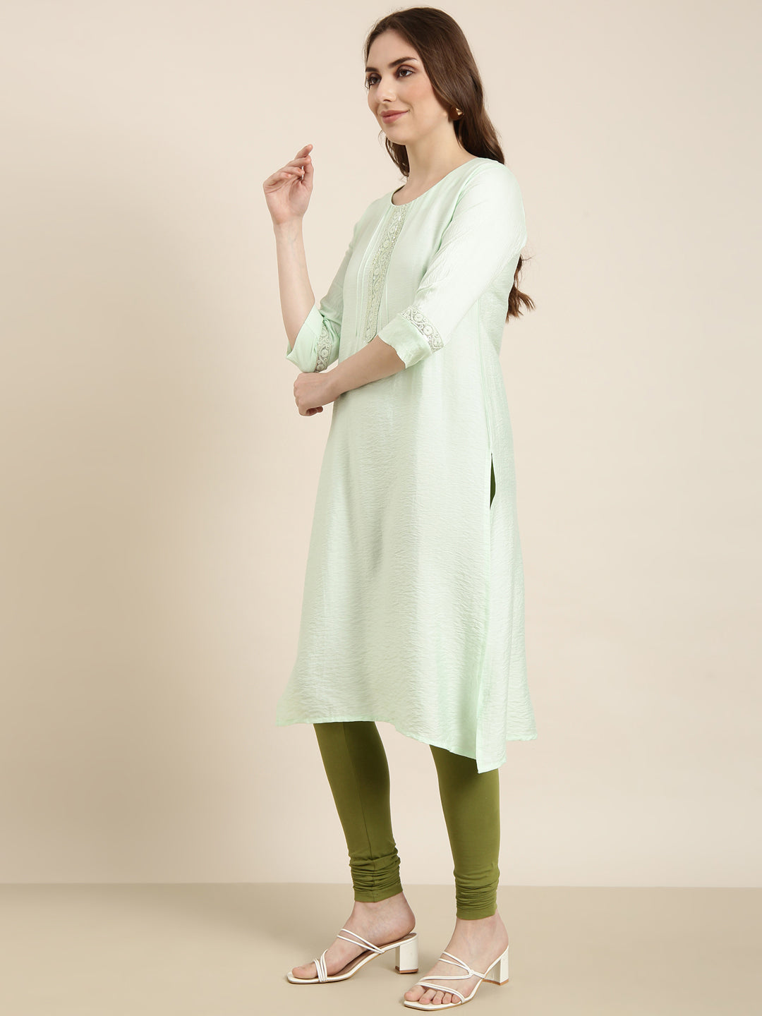 Women Straight Sea Green Solid Kurta