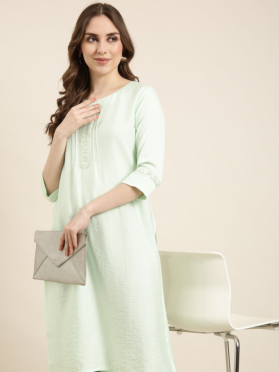 Women Straight Sea Green Solid Kurta