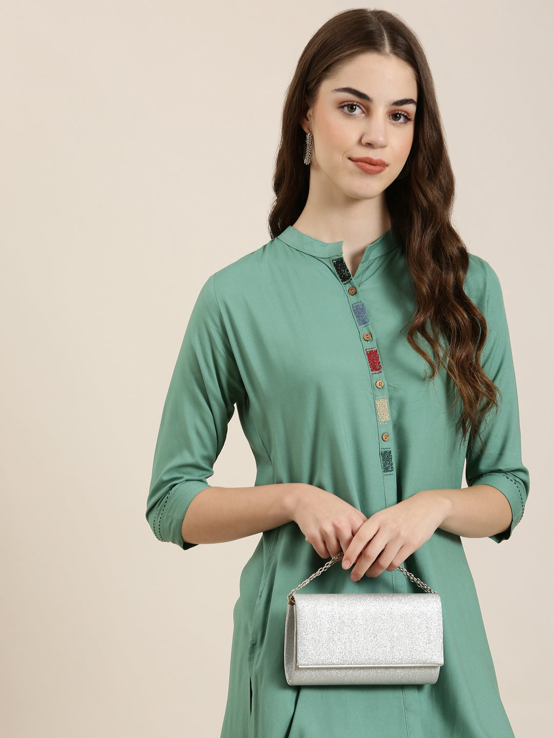 Women Sea Green Solid Straight Kurta