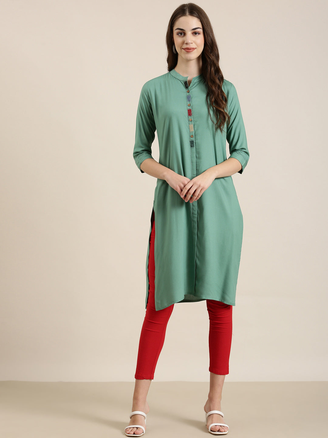 Women Sea Green Solid Straight Kurta