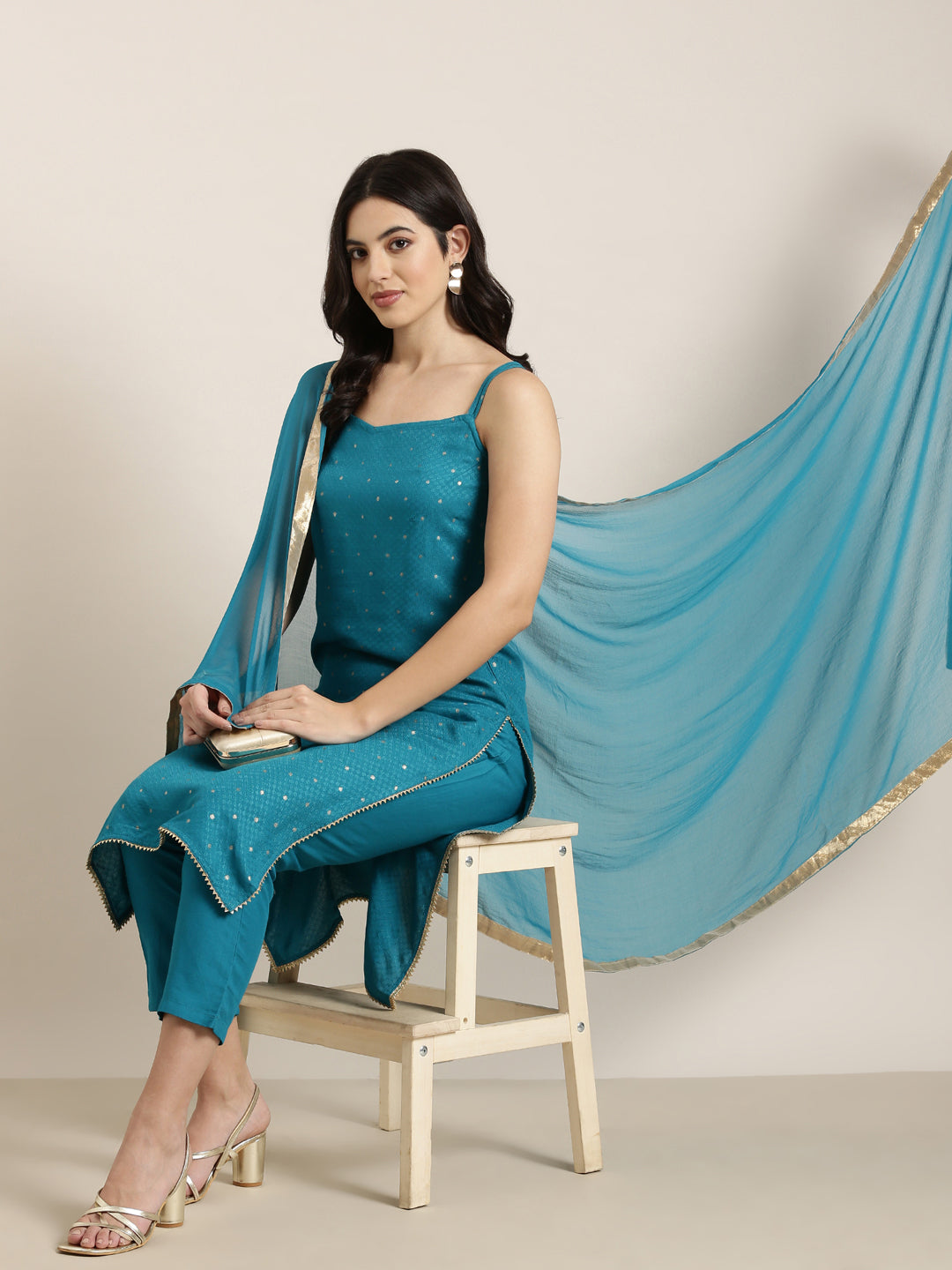 Women Straight Blue Woven Design Kurta and Trousers Set Comes With Dupatta