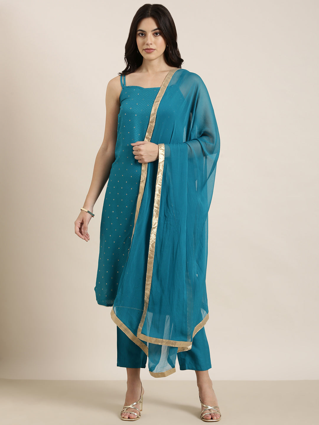 Women Straight Blue Woven Design Kurta and Trousers Set Comes With Dupatta