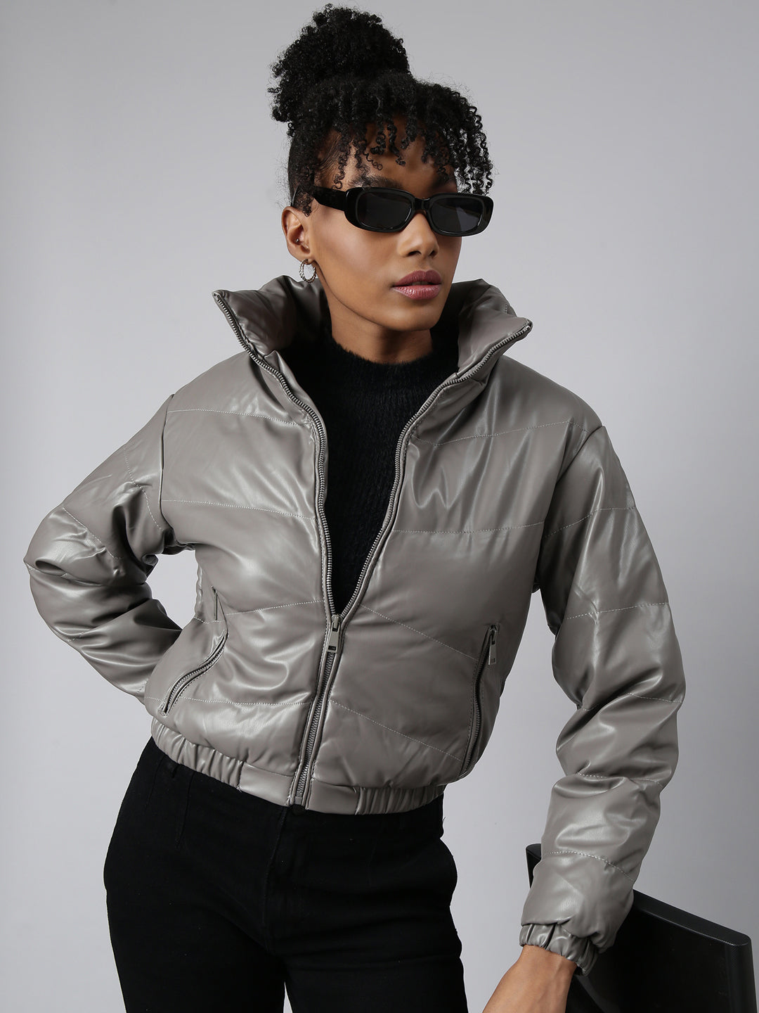 Women Solid Grey Puffer Jacket
