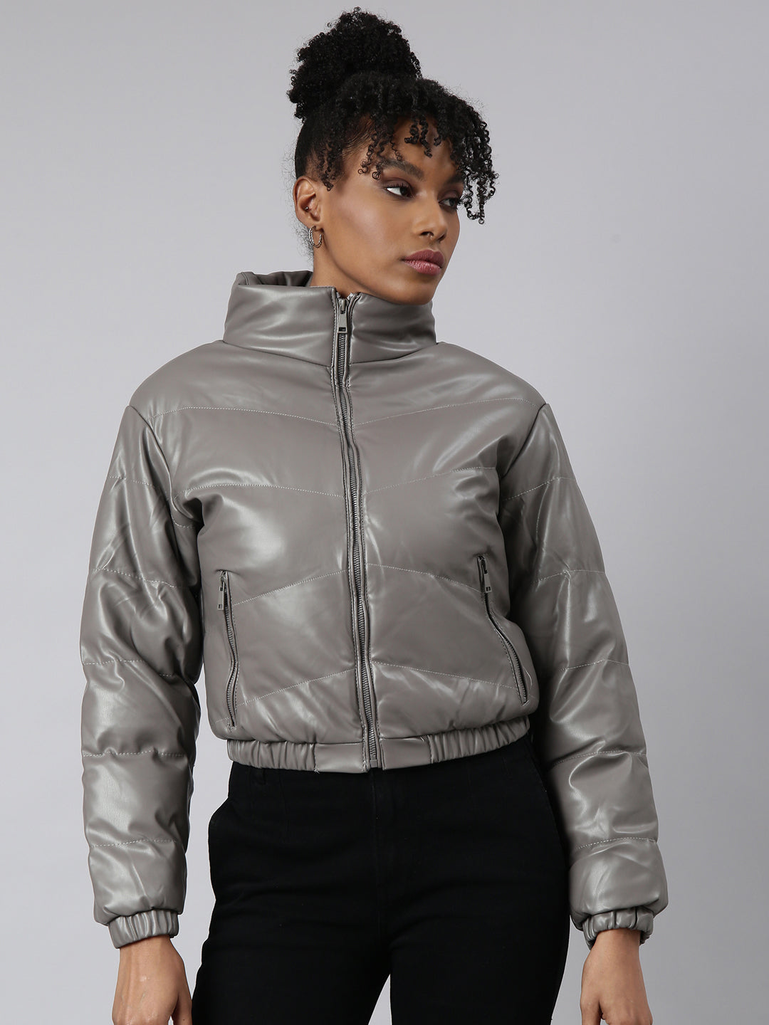 Women Solid Grey Puffer Jacket