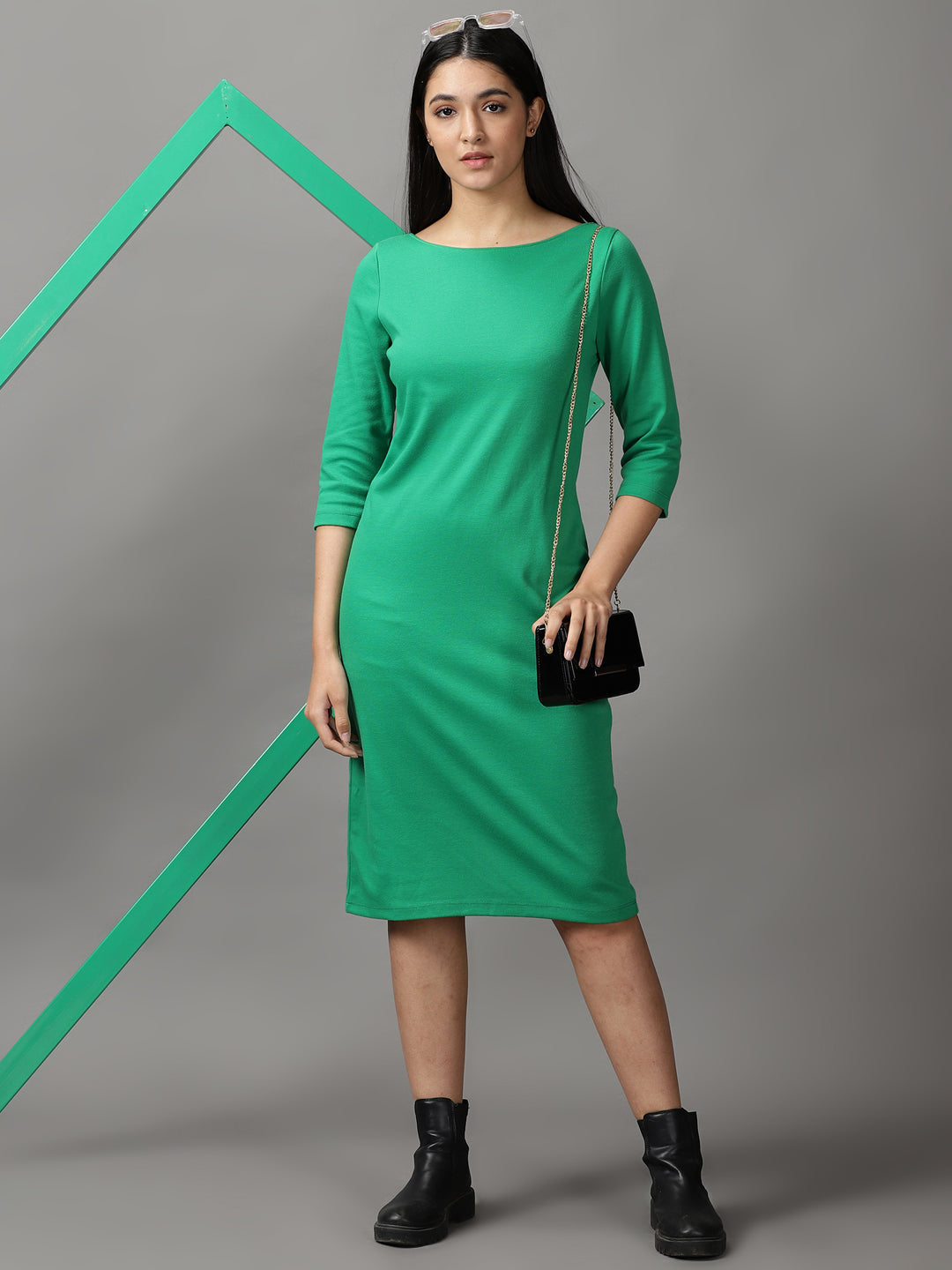 Women's Green Solid Bodycon Dress