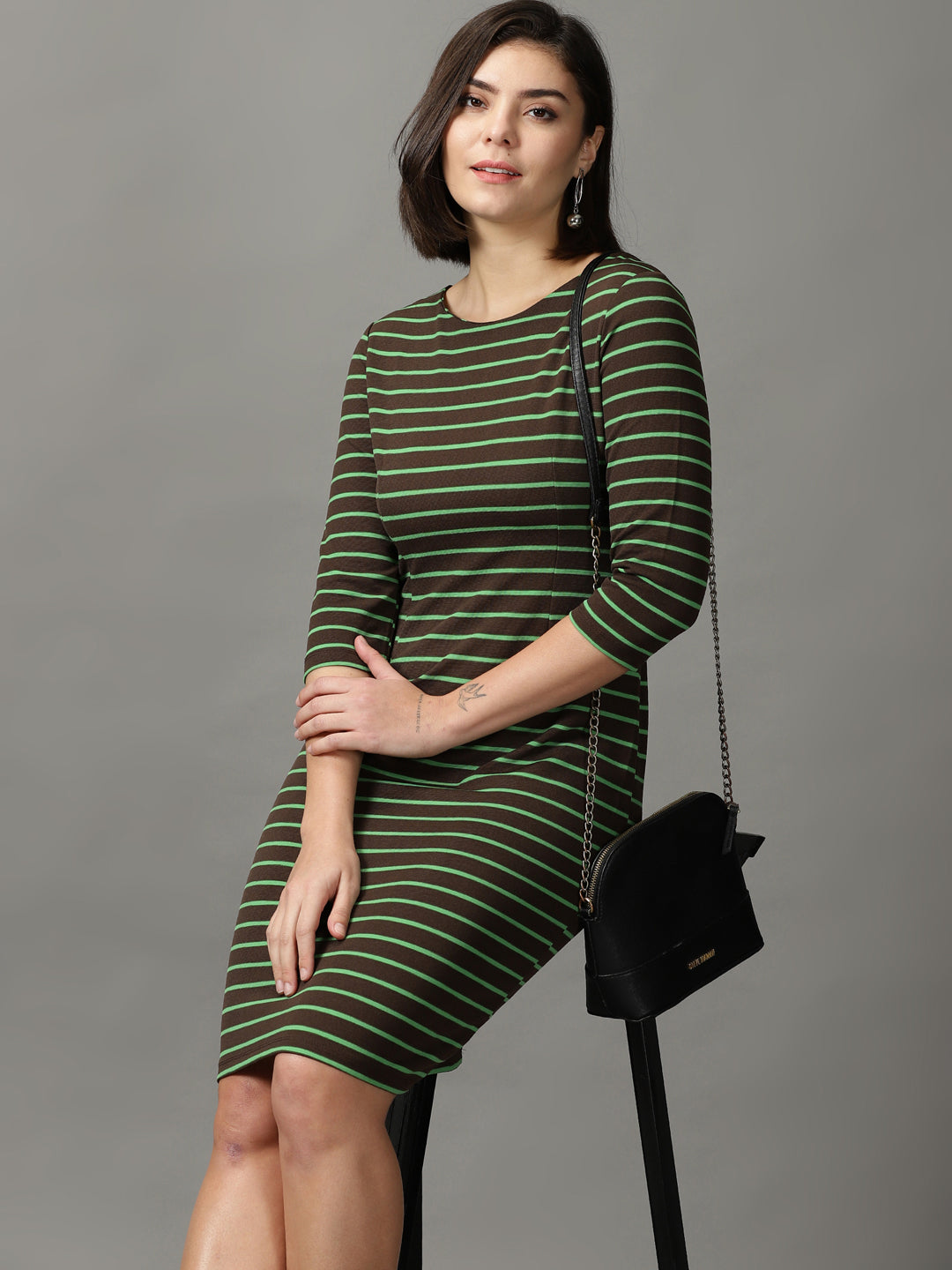 Women's Coffee Brown Striped Bodycon Dress