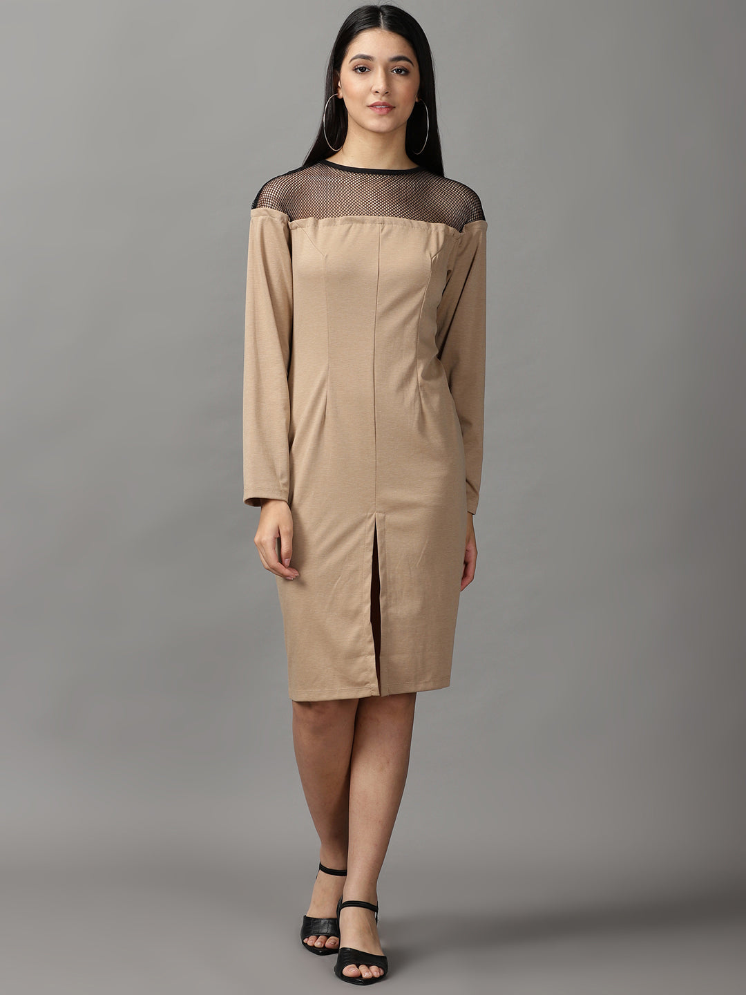 Women's Beige Solid Bodycon Dress