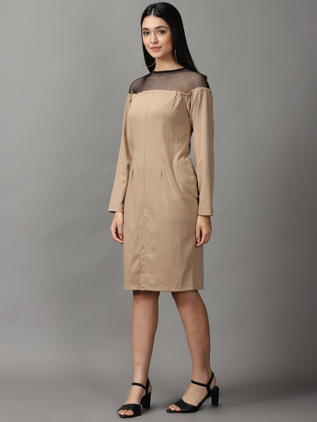 Women's Beige Solid Bodycon Dress