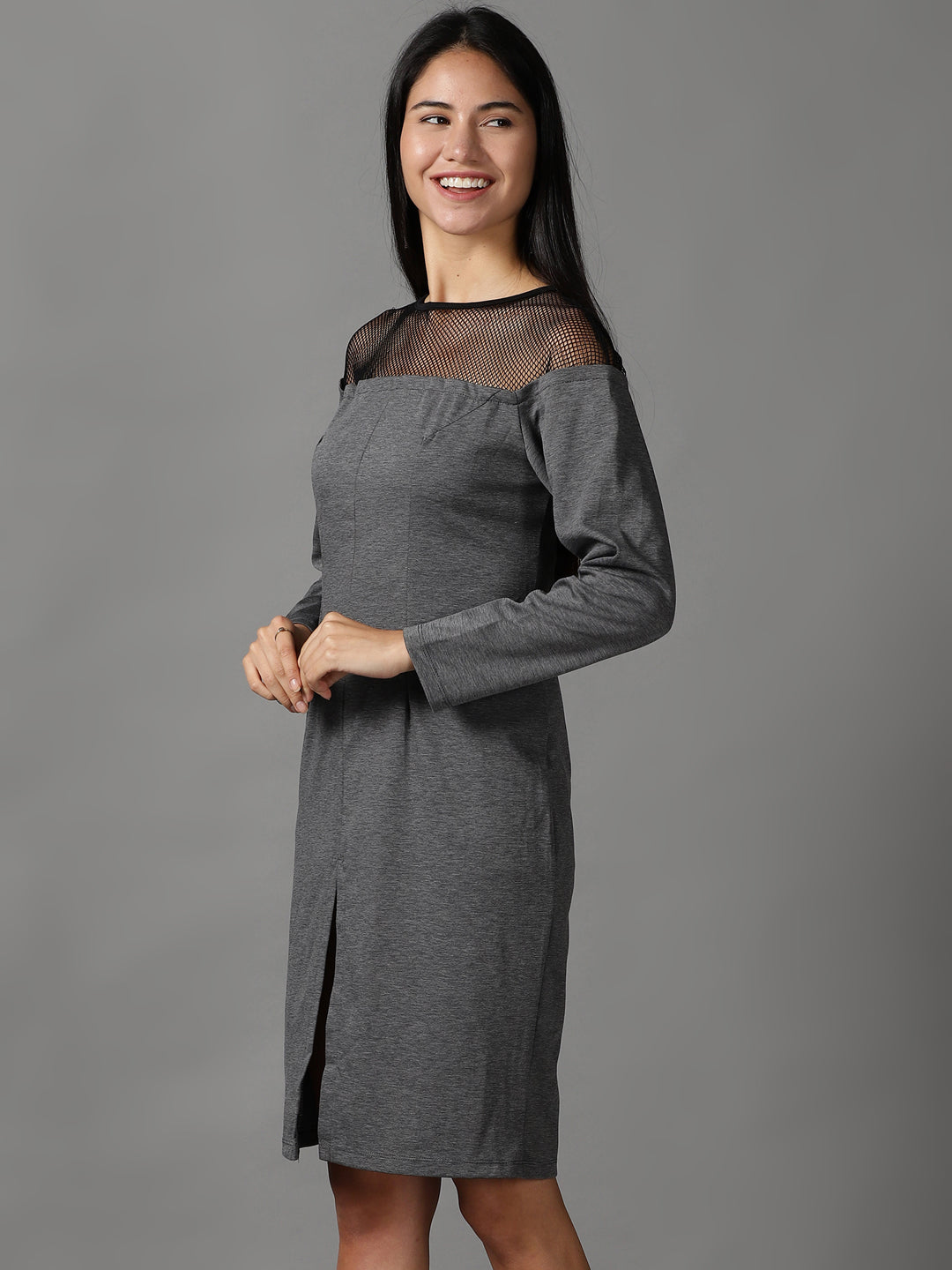 Women's Grey Solid Bodycon Dress