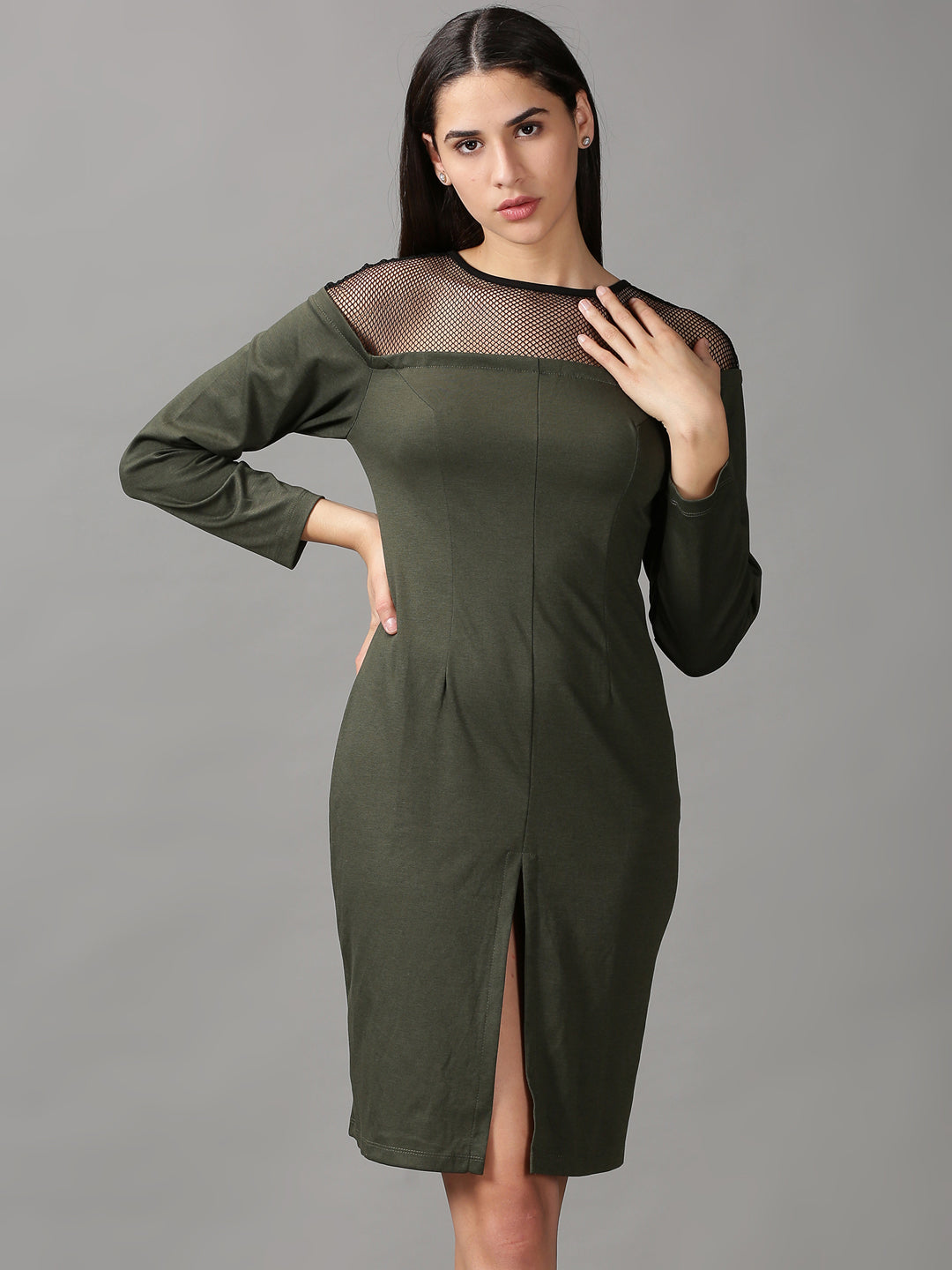 Women's Olive Solid Bodycon Dress