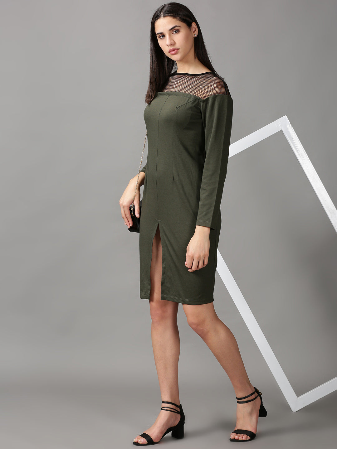 Women's Olive Solid Bodycon Dress