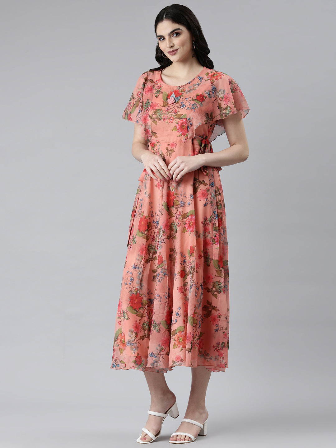 Women Orange Floral Fit and Flare Dress